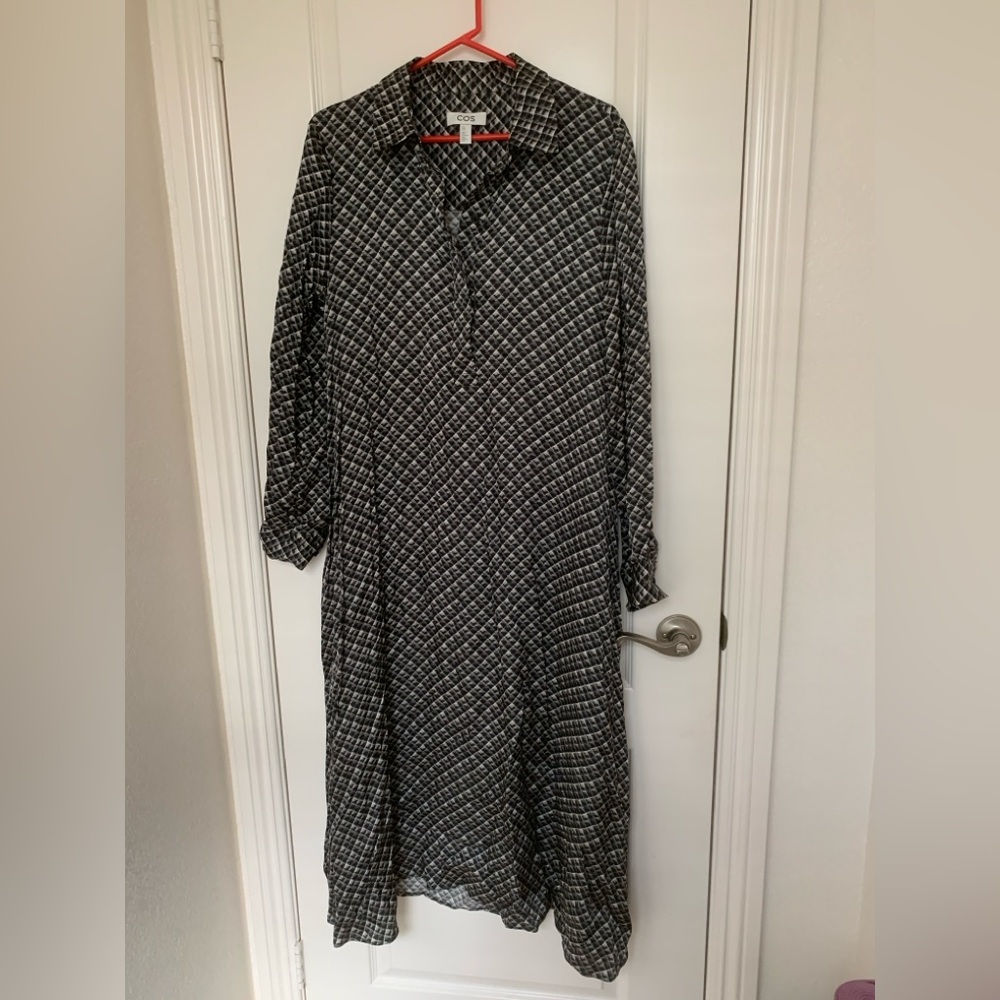 COS Geometric Print Long Sleeve Viscose Midi Shirt Dress Black White 10